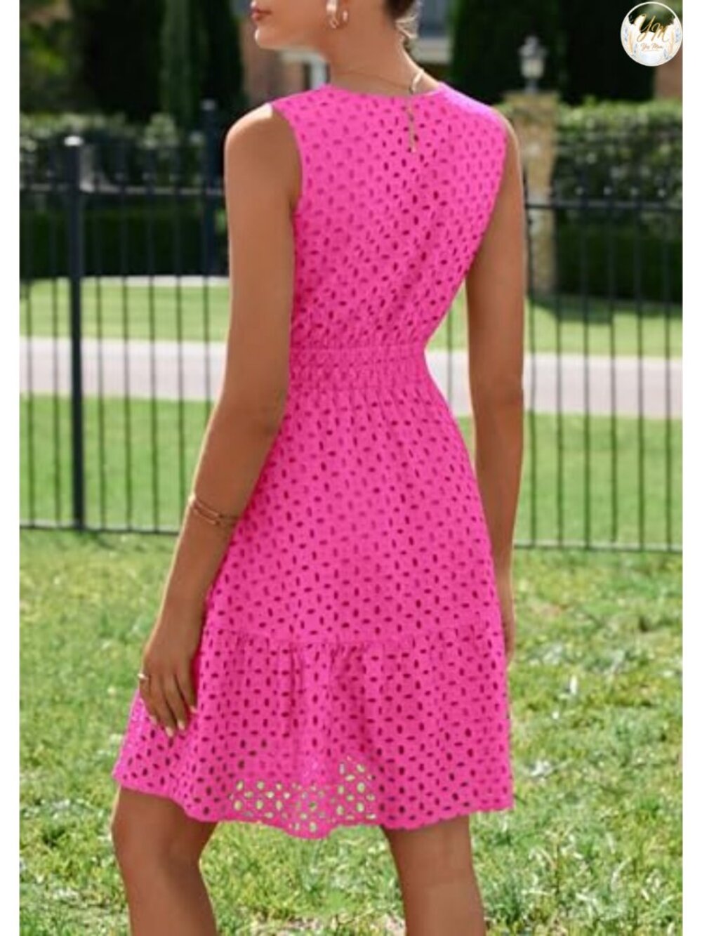 Eyelet A-Line Sleeveless V-Neck Cotton Summer Dress Knee-Length - Picture 5 of 6
